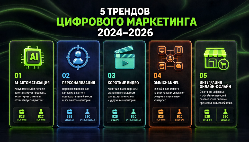 Пять трендов цифрового маркетинга 2024-2026: AI-автоматизация, персонализация, короткие видео, омниканальность, интеграция онлайн-офлайн. Оценка применимости для B2B и B2C.