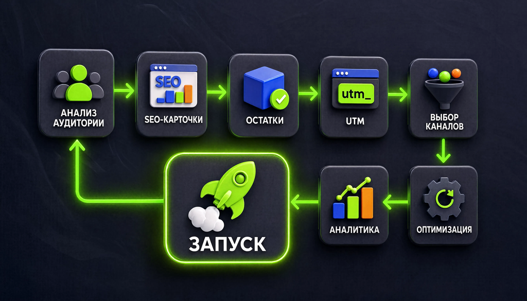 Схема стратегии: анализ аудитории &rarr; SEO-карточки &rarr; остатки &rarr; UTM &rarr; выбор каналов &rarr; запуск &rarr; аналитика &rarr; оптимизация