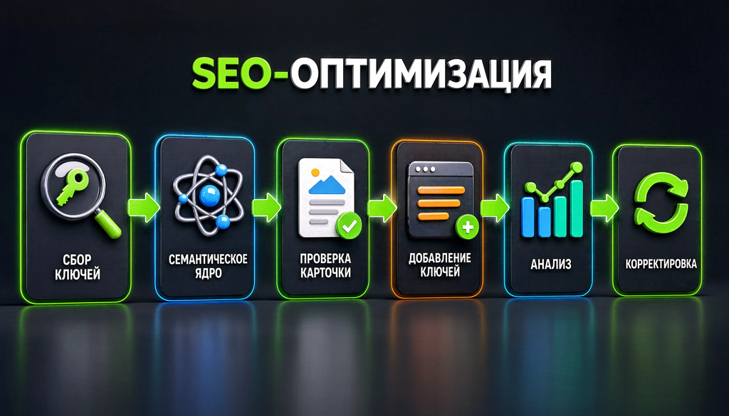 Схема SEO-оптимизации: сбор ключей, семантическое ядро, проверка карточки, добавление ключей, анализ, корректировка