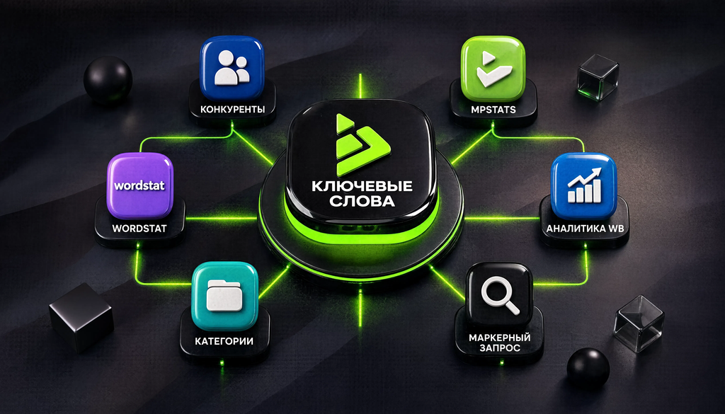 Схема сбора ключевых слов: от конкурентов через MPSTATS, Wordstat, аналитику WB, категории к семантическому ядру и маркерному запросу.