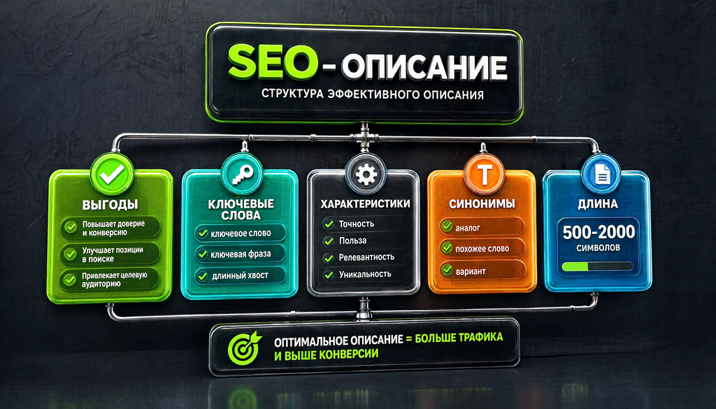 Схема структуры SEO-описания: выгоды, ключевые слова, характеристики, синонимы, длина от 500 до 2000 символов