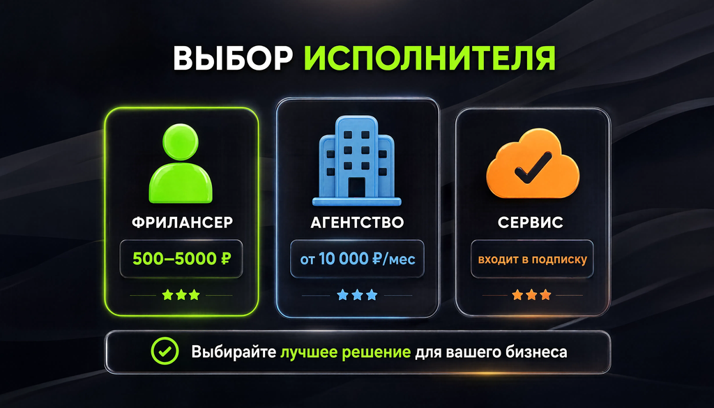 Схема выбора исполнителя: сравнение фрилансера, агентства и сервиса по критериям портфолио, отзывов, опыта и прозрачности