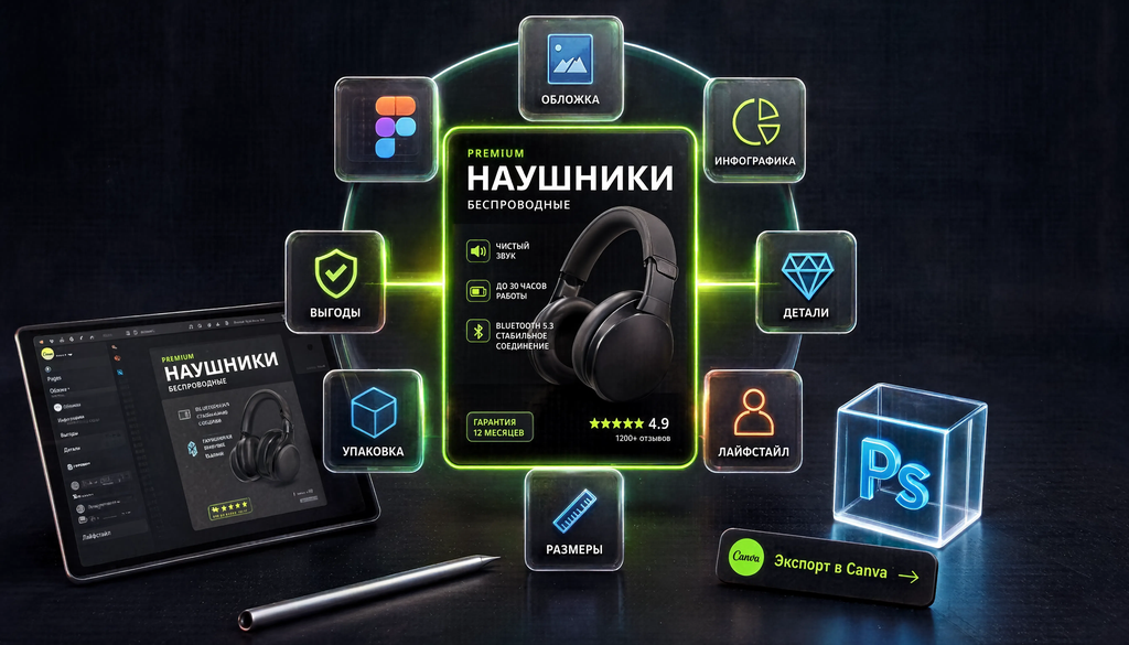 Схема дизайна карточки: обложка, инфографика, выгоды, детали, упаковка, размеры, лайфстайл. Инструменты: Canva, Figma, Photoshop.