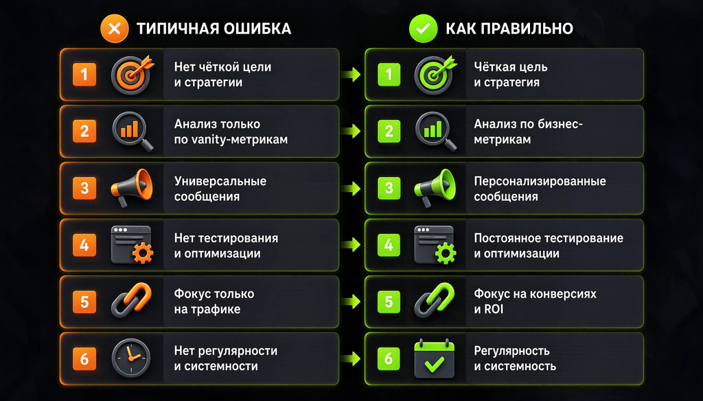 Шесть ключевых ошибок digital-стратегии с правильным подходом напротив каждой: две колонки — типичная ошибка и как правильно