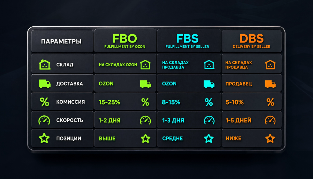 Сравнение моделей продаж FBO, FBS и DBS по складу, доставке, комиссии, скорости и позициям