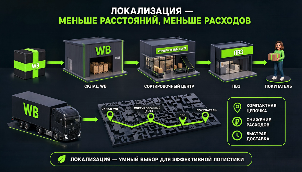 Схема складской логистики: товар, бокс, склад WB, сортировочный центр, ПВЗ, покупатель. Локализация снижает расходы.