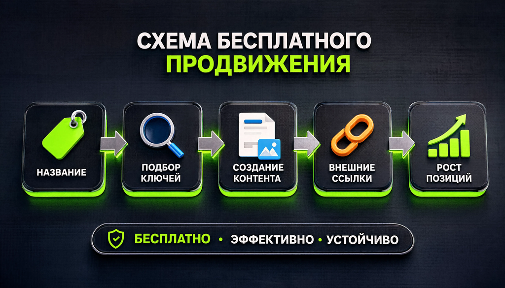 Схема бесплатного продвижения: этапы от названия до роста позиций, включая инфографику, видеообложку, описание, rich-контент, контент-рейтинг и акции.