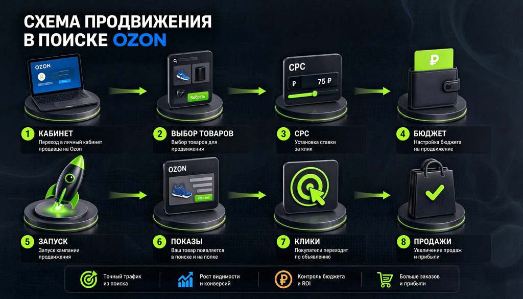 Схема продвижения в поиске Ozon с оплатой за клик: от кабинета до продаж