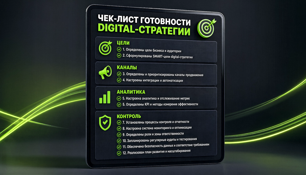 Чек-лист готовности digital-стратегии: цели, каналы, аналитика, контроль. Инструмент для самопроверки перед запуском.
