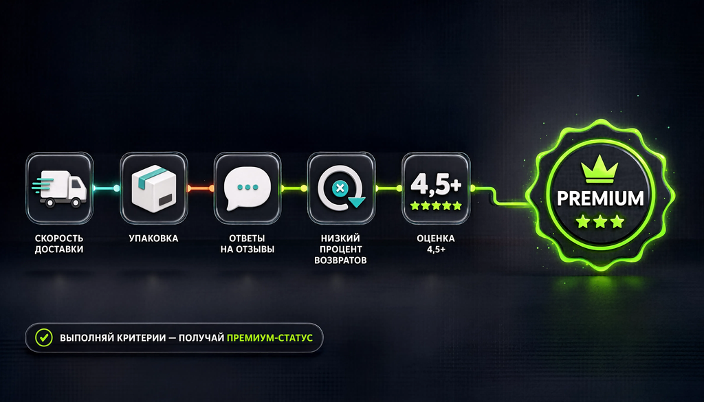 Схема рейтинга и Premium: скорость доставки, упаковка, ответы на отзывы, низкий процент возвратов, оценка 4.5+ ведут к Premium-статусу, бейджу, приоритету и аналитике.