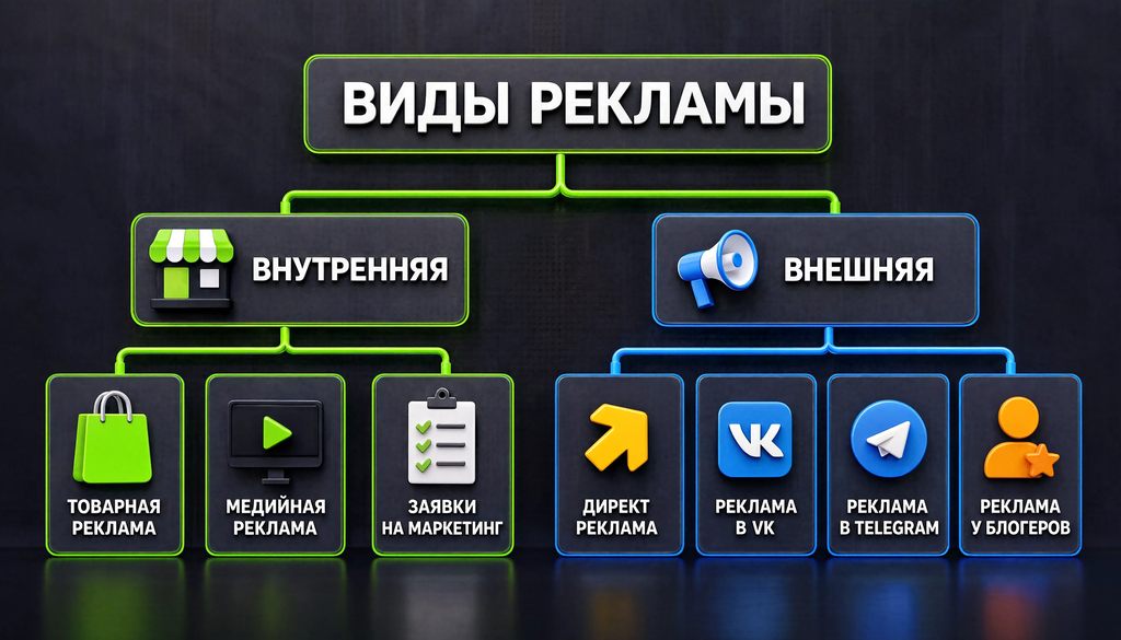 Схема видов рекламы: внутренняя (товарная, медийная, заявки на маркетинг) и внешняя (Директ, VK, Telegram, блогеры)