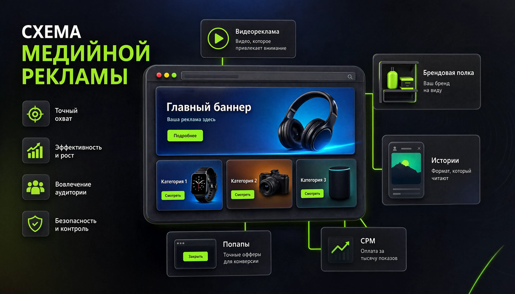 Схема медийной рекламы на Ozon: баннеры, видеореклама, брендовая полка, истории, попапы, оплата CPM, настройка через Ozon Performance.