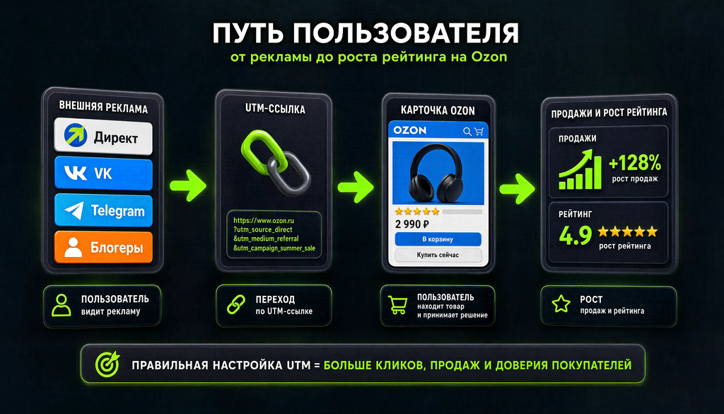Схема внешней рекламы: Директ, VK, Telegram, блогеры ведут через UTM-ссылку на карточку Ozon, что приводит к продажам и росту рейтинга