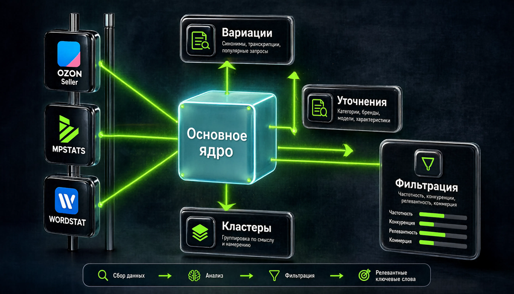 Схема подбора ключевых слов для Ozon Seller: от поисковых запросов и MPSTATS до фильтрации кластеров