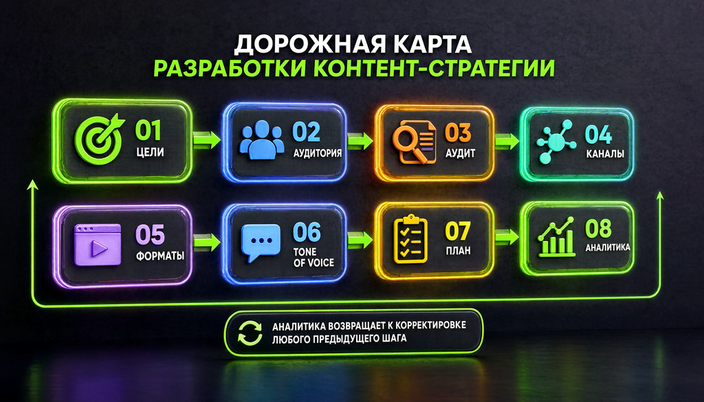 Схема дорожной карты контент-стратегии из 8 шагов: цели, аудитория, аудит, каналы, форматы, тон голоса, план, аналитика с обратной связью