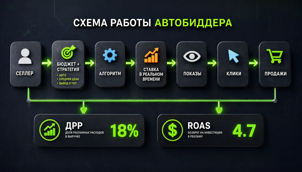 Схема автобиддера: от селлера через бюджет и стратегию к алгоритму, ставке, показам, кликам и продажам с контролем ДРР и ROAS