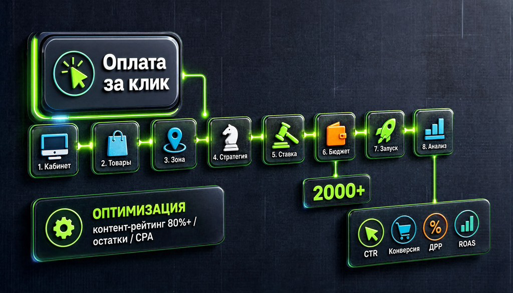 Схема настройки рекламы 'Оплата за клик': шаги от кабинета до анализа и оптимизации