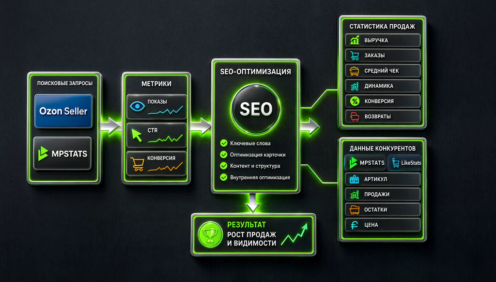 Схема анализа поисковых запросов, метрик, SEO-оптимизации, статистики продаж и конкурентов для Ozon Seller и MPSTATS