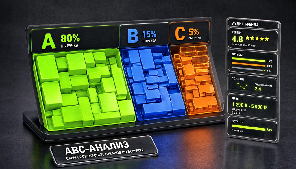 Схема ABC-анализа и аудит бренда: выручка по товарам, сортировка, группы A (80%), B (15%), C (5%), анализ карточек, рейтинга, отзывов, позиций, цен, остатков.