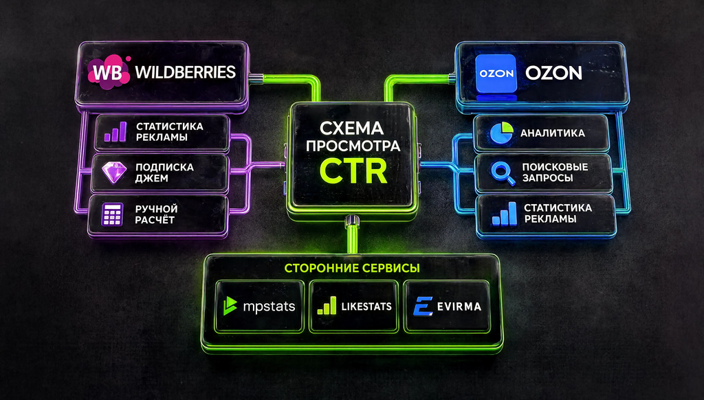 Схема просмотра CTR: Wildberries (статистика рекламы, подписка Джем, ручной расчёт), Ozon (Аналитика &mdash; Поисковые запросы, статистика рекламы), сторонние сервисы MPSTATS, LikeStats, Evirma