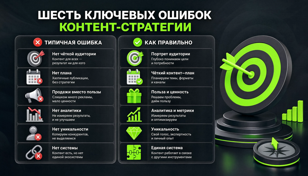 Сравнительная иллюстрация шести ключевых ошибок контент-стратегии с правильным подходом напротив каждой в двух колонках