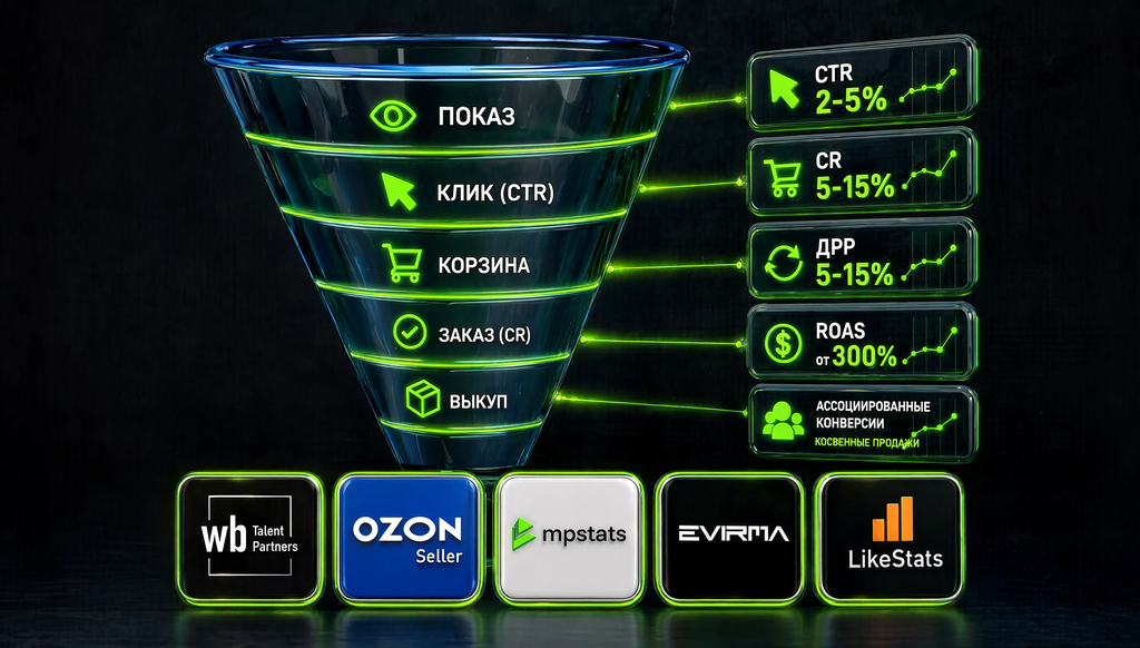 Воронка продаж с метриками CTR, CR, ДРР, ROAS и инструментами аналитики WB Partners, Ozon Seller, MPSTATS, Evirma, LikeStats