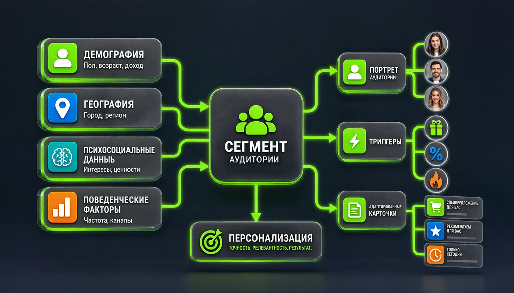 Схема сегментации аудитории: демография (пол, возраст, доход), география (город, регион), психосоциальные (интересы, ценности), поведенческие (частота, каналы) &rarr; сегменты &rarr; портреты &rarr; триггеры &rarr; адаптация карточек.