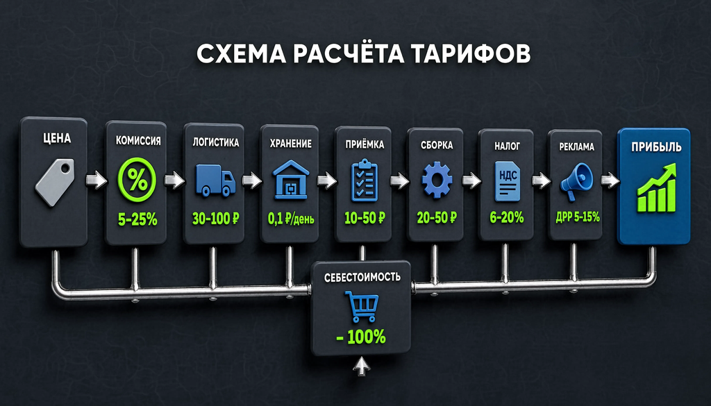 Схема расчёта тарифов: от цены до прибыли с вычетами комиссии, логистики, хранения, приёмки, сборки, налога, рекламы и себестоимости