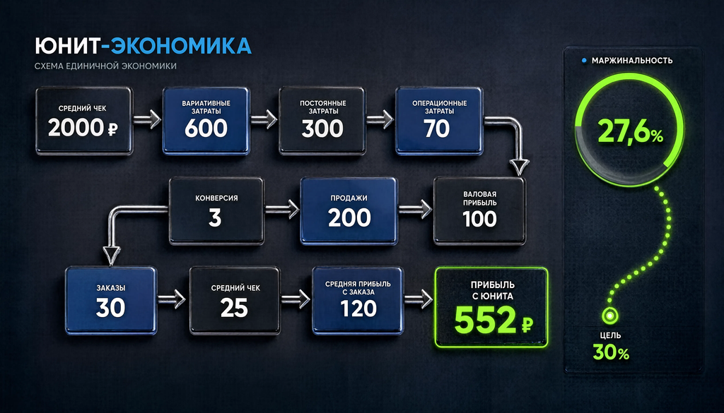 Схема юнит-экономики: расчет прибыли 552 рубля и маржинальности 27.6% с учетом расходов