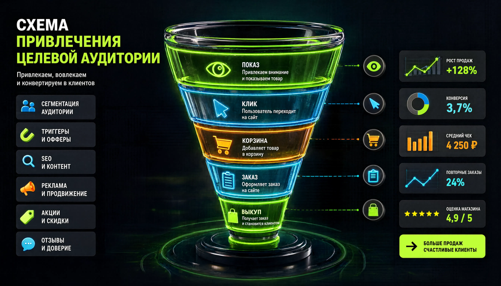 Схема привлечения целевой аудитории: сегмент, триггеры, SEO, инфографика, реклама, акции, отзывы, воронка показ-клик-корзина-заказ-выкуп, рост продаж