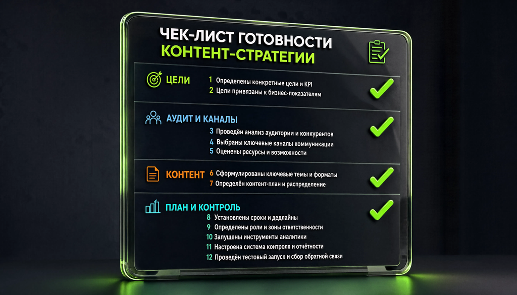 Инфографика: чек-лист готовности контент-стратегии с блоками целей, аудита, контента и плана