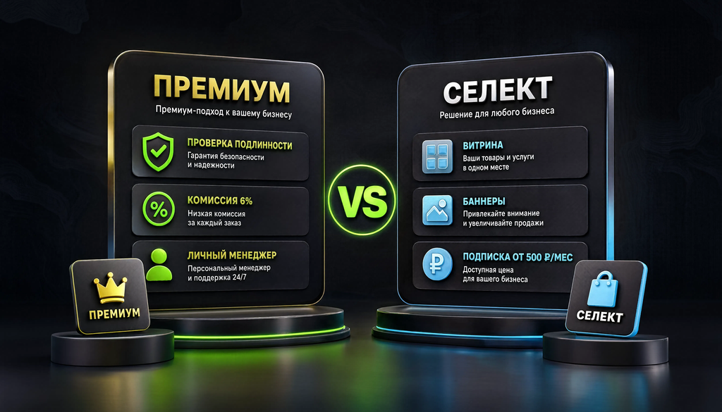 Сравнение тарифов Премиум и Селект: Премиум для люкса с проверкой подлинности, комиссией 6% и менеджером; Селект для любого бизнеса с витриной, баннерами и подпиской от 500 рублей в месяц.