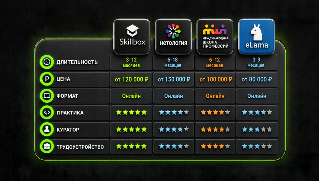 Infographic comparing paid Avito courses from Skillbox, Netology, MSP, eLama across six parameters