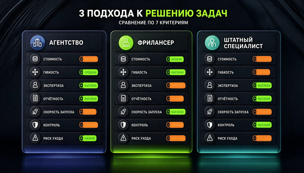 Сравнение агентства, фрилансера и штатного специалиста по 7 критериям с цветовым кодированием преимуществ и недостатков
