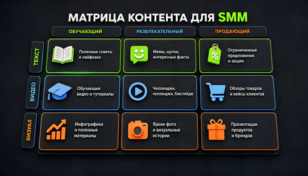 Матрица контента для SMM 3x3 с типами обучающий, развлекательный, продающий и форматами текст, видео, визуал