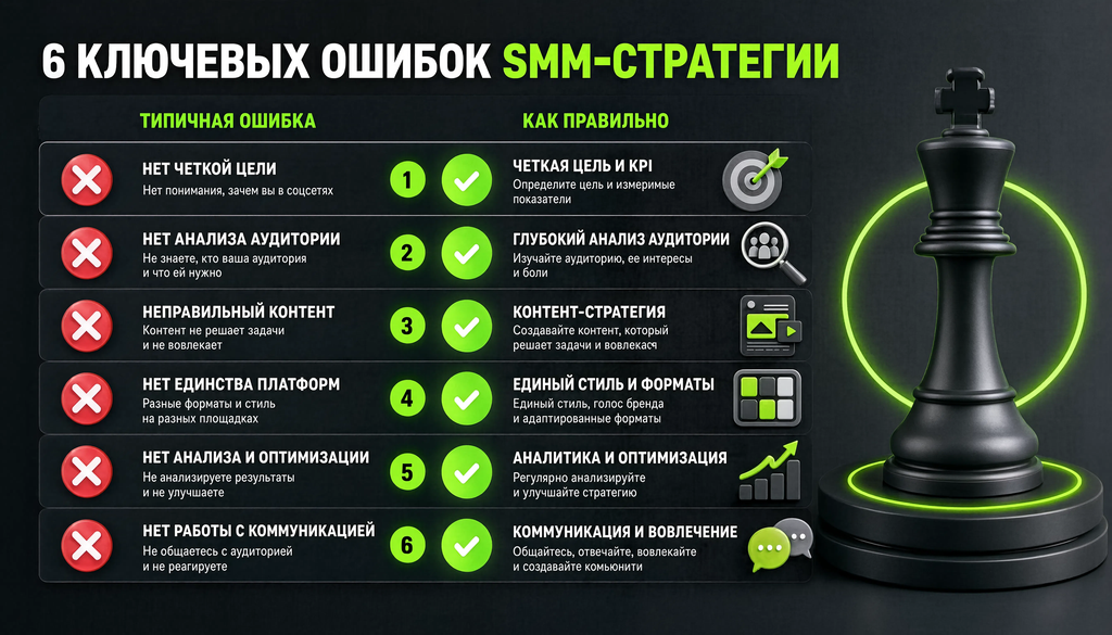 Сравнительная таблица шести ключевых ошибок SMM-стратегии и правильных подходов к их исправлению