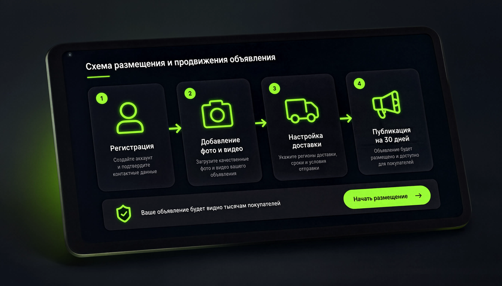 Схема размещения и продвижения объявления на Авито: регистрация, фото, видео, заголовок, описание, цена, Авито Доставка, публикация на 30 дней, методы продвижения: поднятие, автостратегии, бесплатные методы, оптимальное время чт-вс 18-21