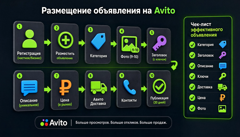 Пошаговая схема размещения объявления на Авито: регистрация, категория, фото, заголовок, описание, цена, доставка, контакты, публикация. Чек-лист ключевых элементов.