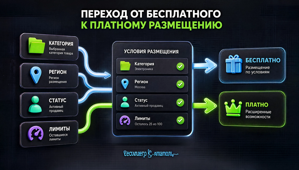 Infographic showing four factors determining free or paid placement: category, region, seller status, limits