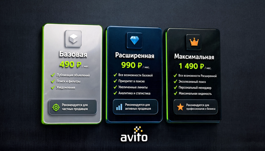 Сравнительная иллюстрация трех карточек подписок Авито: Базовая, Расширенная, Максимальная с указанием цены, ключевых возможностей и рекомендаций по применению