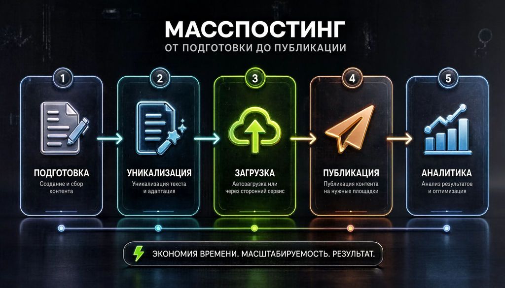 Схема работы масспостинга: этапы от подготовки контента до публикации и аналитики