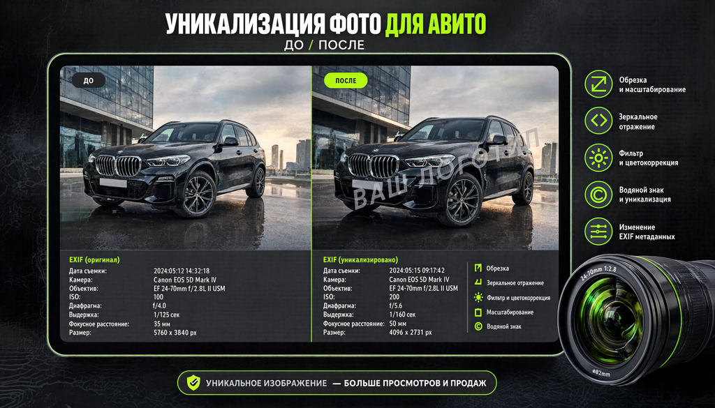 Методы уникализации фотографий для Авито: изменение EXIF, обрезка, фильтры, размер, зеркальное отражение, водяной знак. Мини-иллюстрации до/после.