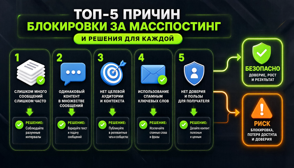 Инфографика: топ-5 причин блокировки за масспостинг и решения для каждой причины, с результатами безопасно или риск