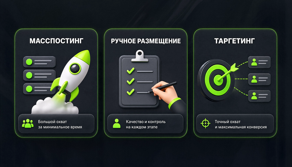 Сравнительная таблица трёх подходов: масспостинг, ручное размещение и таргетинг с ключевыми параметрами