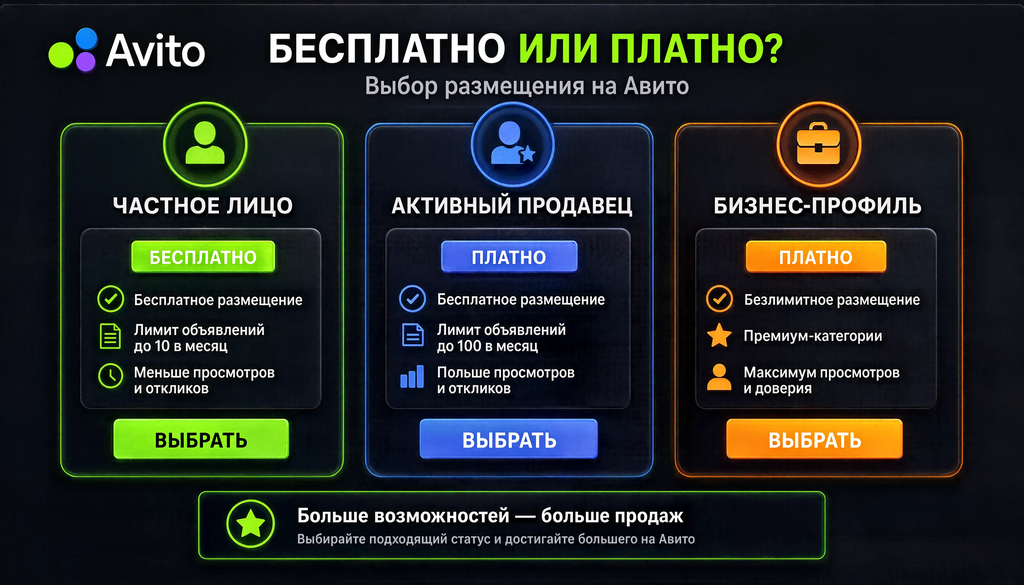Схема выбора между бесплатным и платным размещением на Авито: лимиты, категории, статус продавца. Частное лицо, активный продавец, бизнес-профиль.