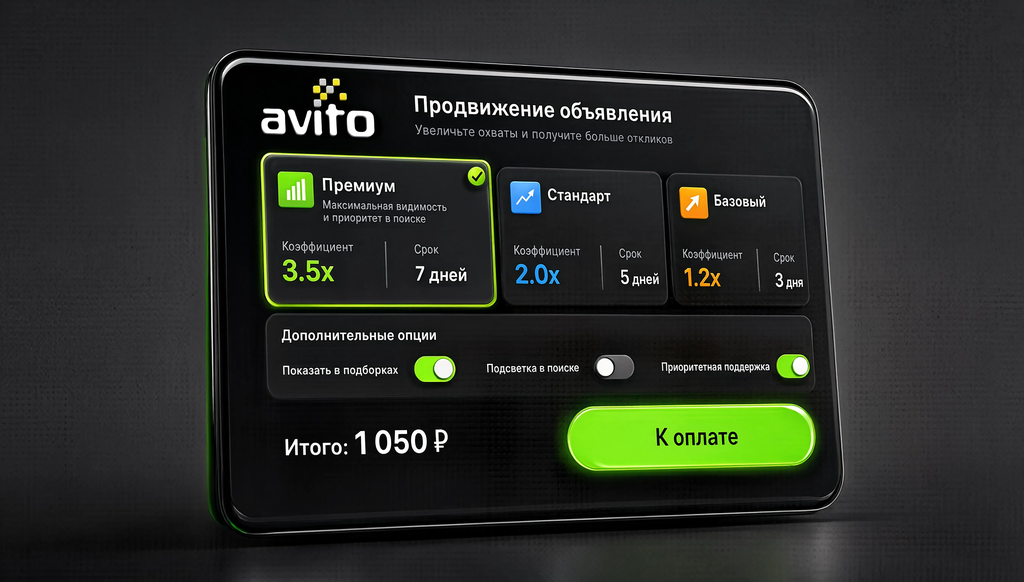 Скриншот интерфейса выбора услуги продвижения объявления на Авито с коэффициентами, сроками и дополнительными опциями и кнопкой &laquo;К оплате&raquo;.