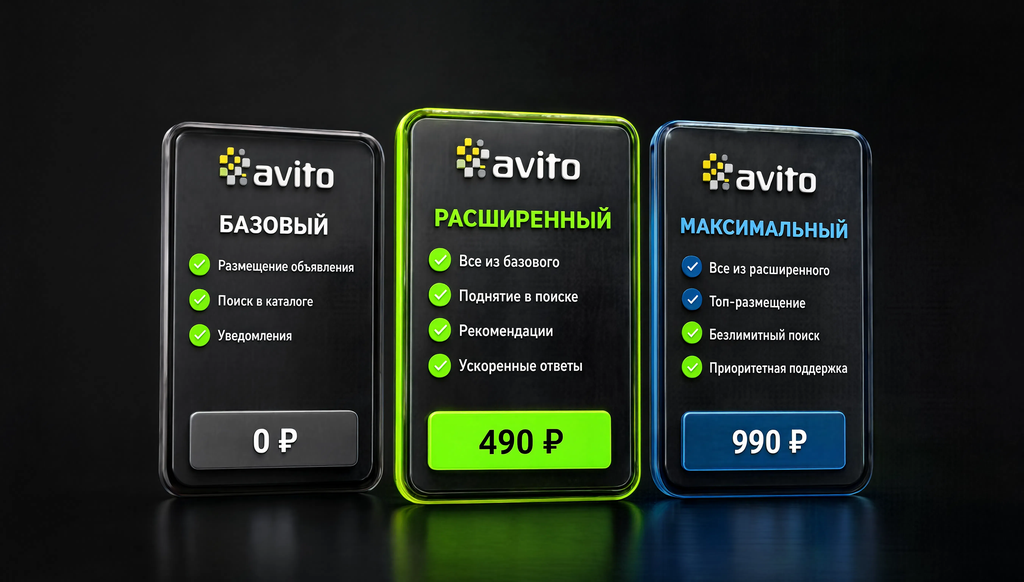 Сравнение трех тарифов Авито: базовый, расширенный, максимальный по функциям и стоимости