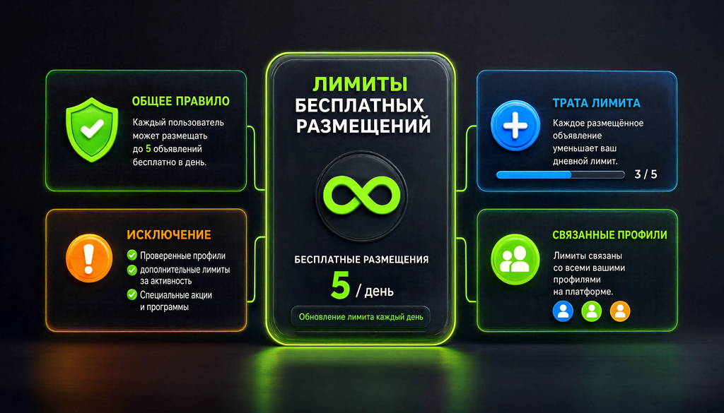 Схема работы лимитов бесплатных размещений: общее правило, исключения, трата лимита, связанные профили