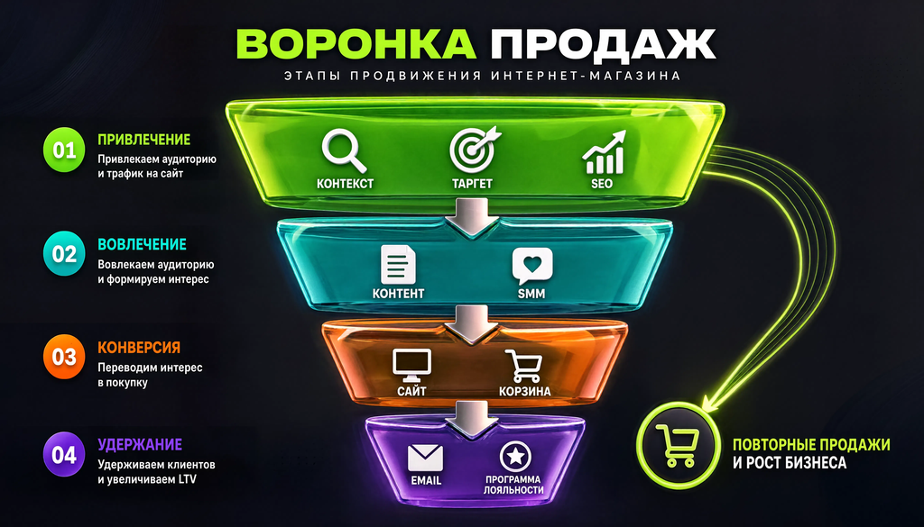 Инфографика комплексной стратегии продвижения интернет-магазина с этапами воронки: привлечение, вовлечение, конверсия, удержание