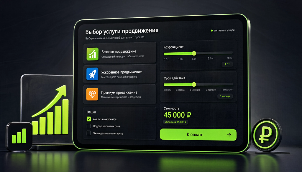 Интерфейс выбора услуги продвижения с коэффициентами, сроками, опциями и кнопкой 'К оплате'